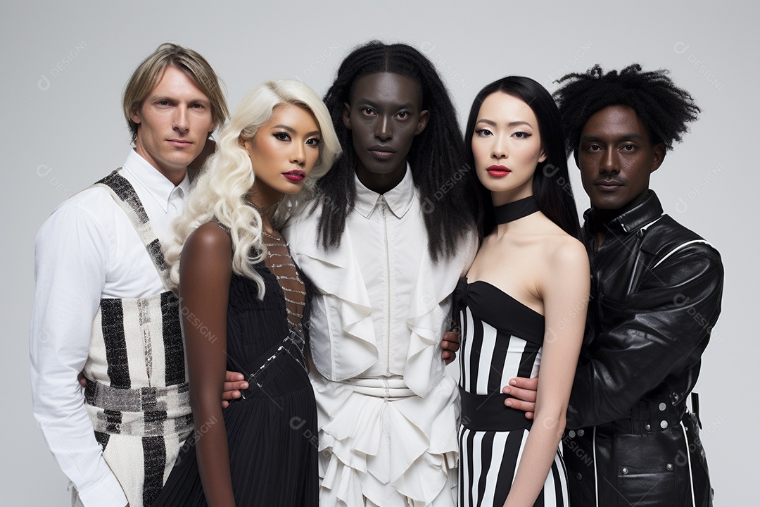 Diferentes raças posam alegremente lado a lado em frente a um fundo branco