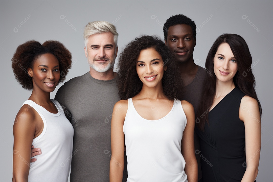 Diferentes raças posam alegremente lado a lado em frente a um fundo branco