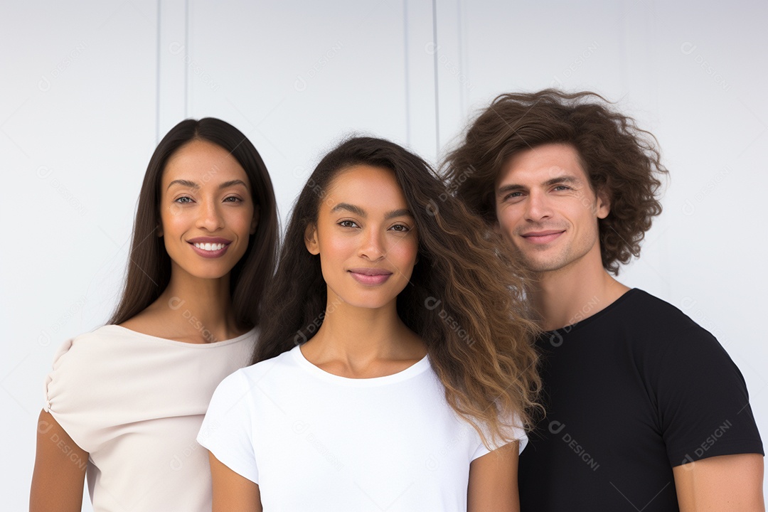Diferentes raças posam alegremente lado a lado em frente a um fundo branco