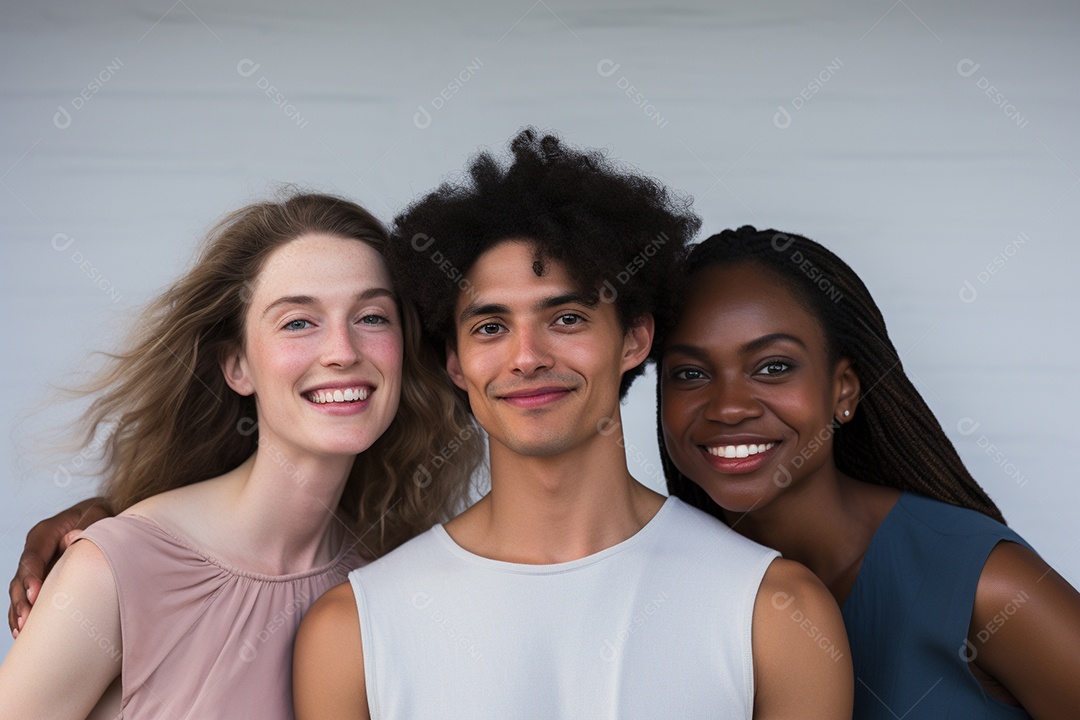 Diferentes raças posam alegremente lado a lado em frente a um fundo branco