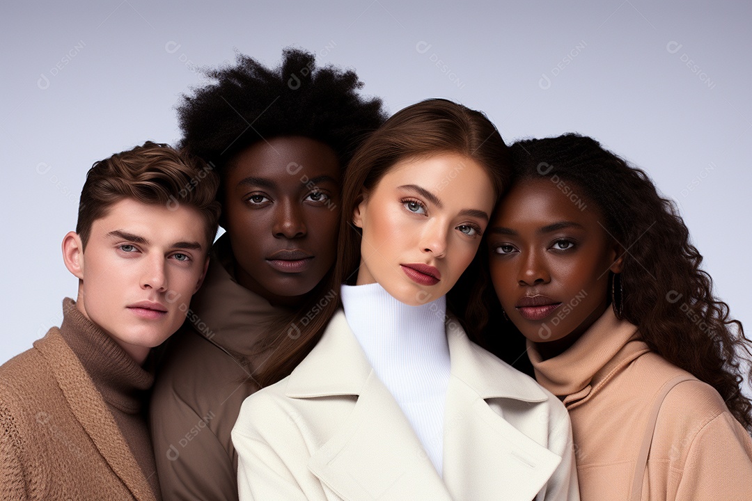Diferentes raças posam alegremente lado a lado em frente a um fundo branco