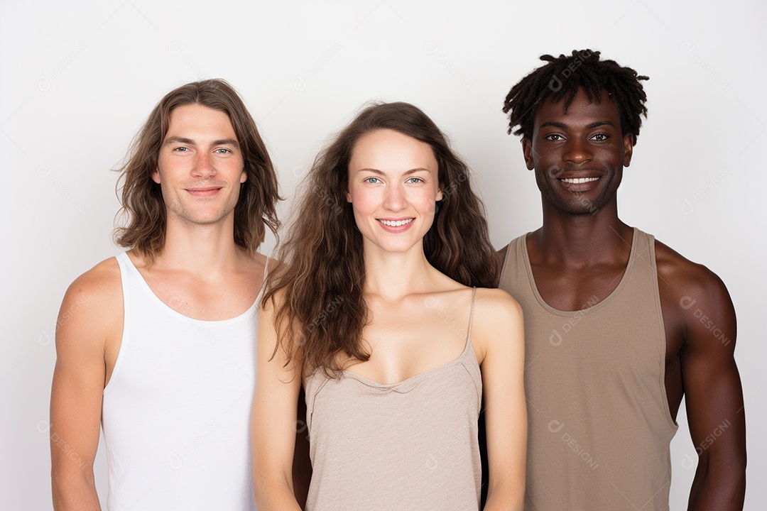 Diferentes raças posam alegremente lado a lado em frente a um fundo branco