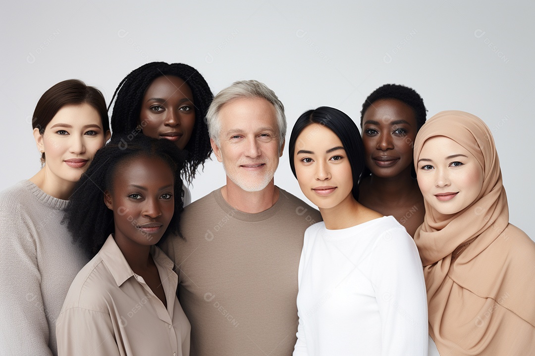Diferentes raças posam alegremente lado a lado em frente a um fundo branco