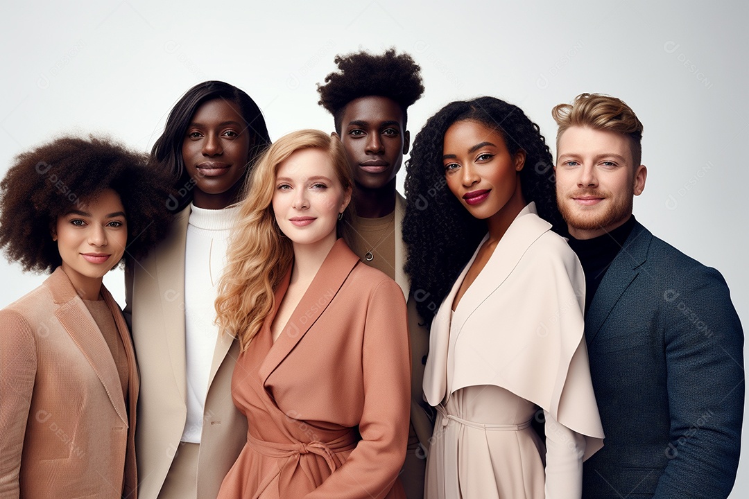 Diferentes raças posam alegremente lado a lado em frente a um fundo branco
