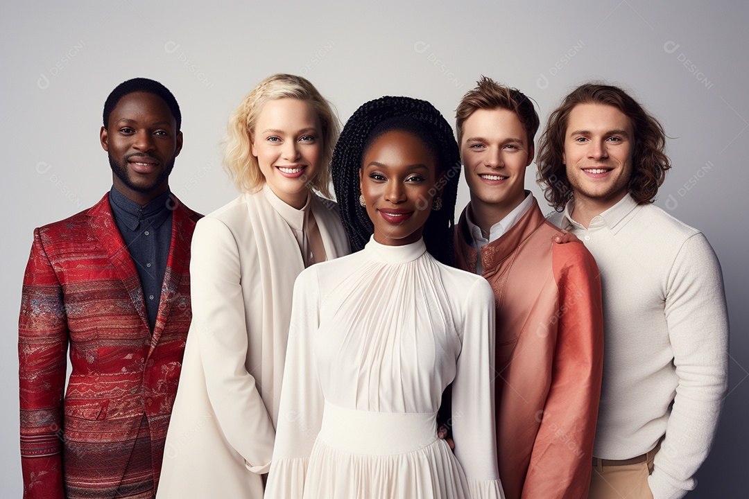 Diferentes raças posam alegremente lado a lado em frente a um fundo branco