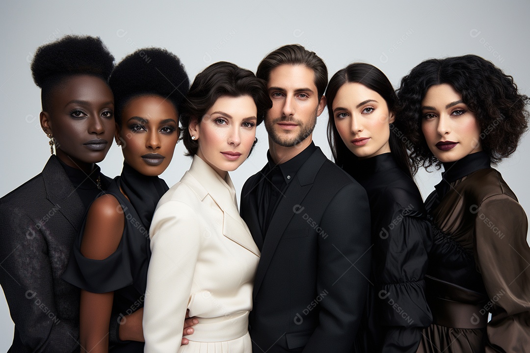 Diferentes raças posam alegremente lado a lado em frente a um fundo branco