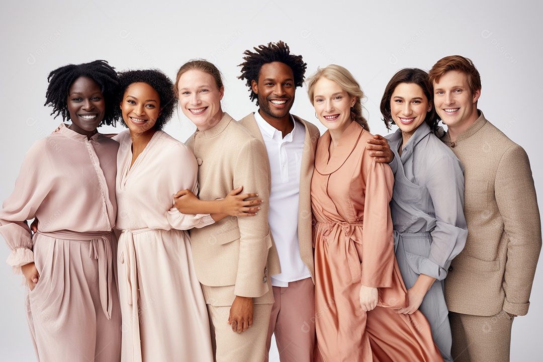 Diferentes raças posam alegremente lado a lado em frente a um fundo branco