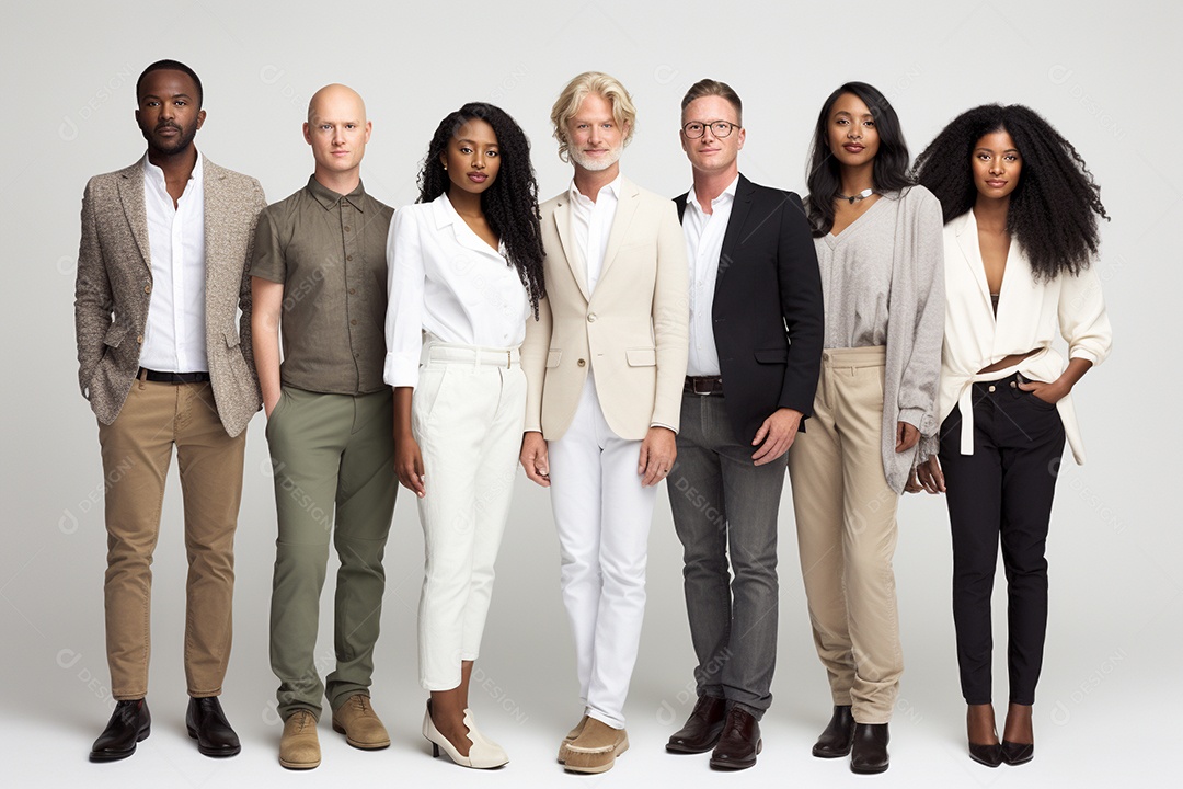 Diferentes raças posam alegremente lado a lado em frente a um fundo branco