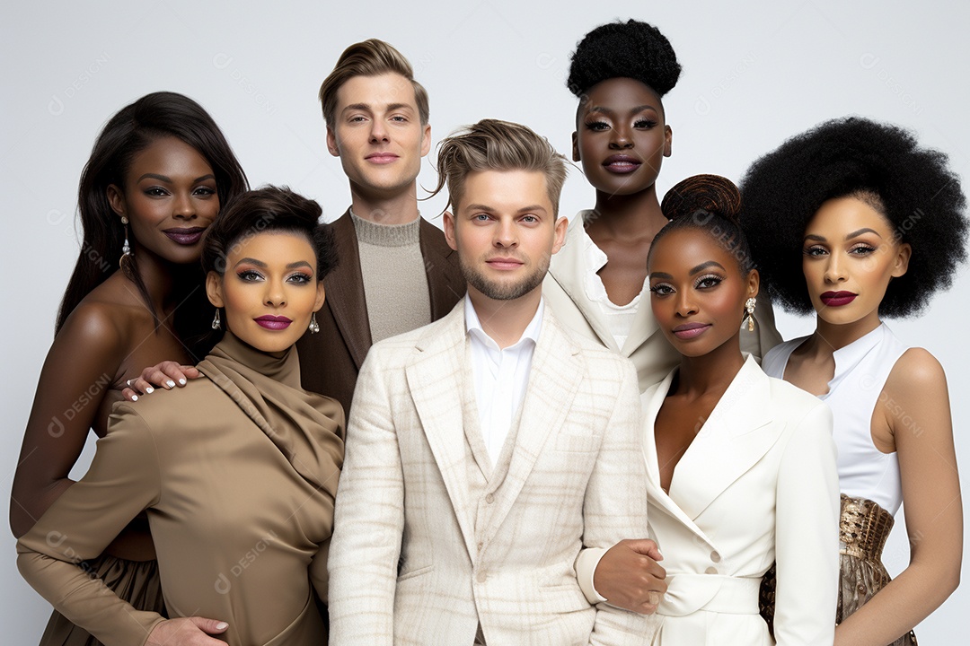 Diferentes raças posam alegremente lado a lado em frente a um fundo branco