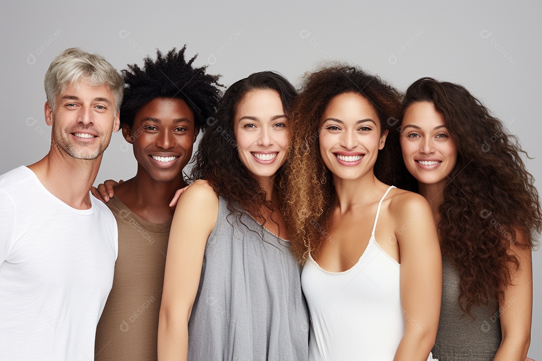 Diferentes raças posam alegremente lado a lado em frente a um fundo branco