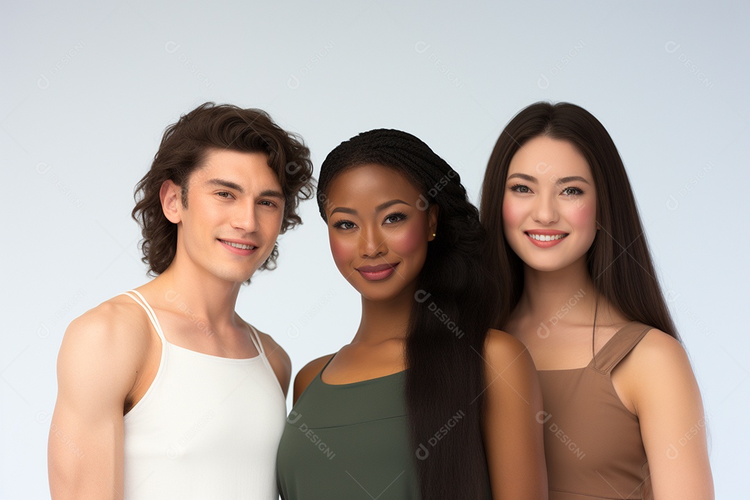 Diferentes raças posam alegremente lado a lado em frente a um fundo branco