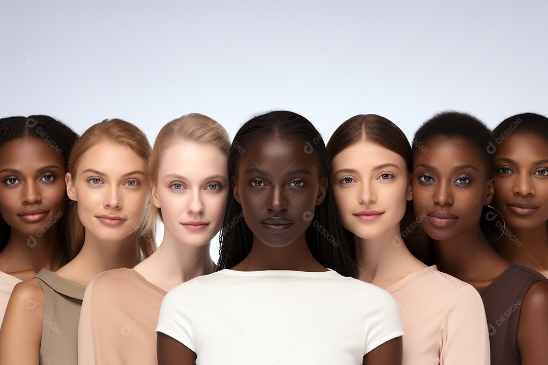 Diferentes raças posam alegremente lado a lado em frente a um fundo branco