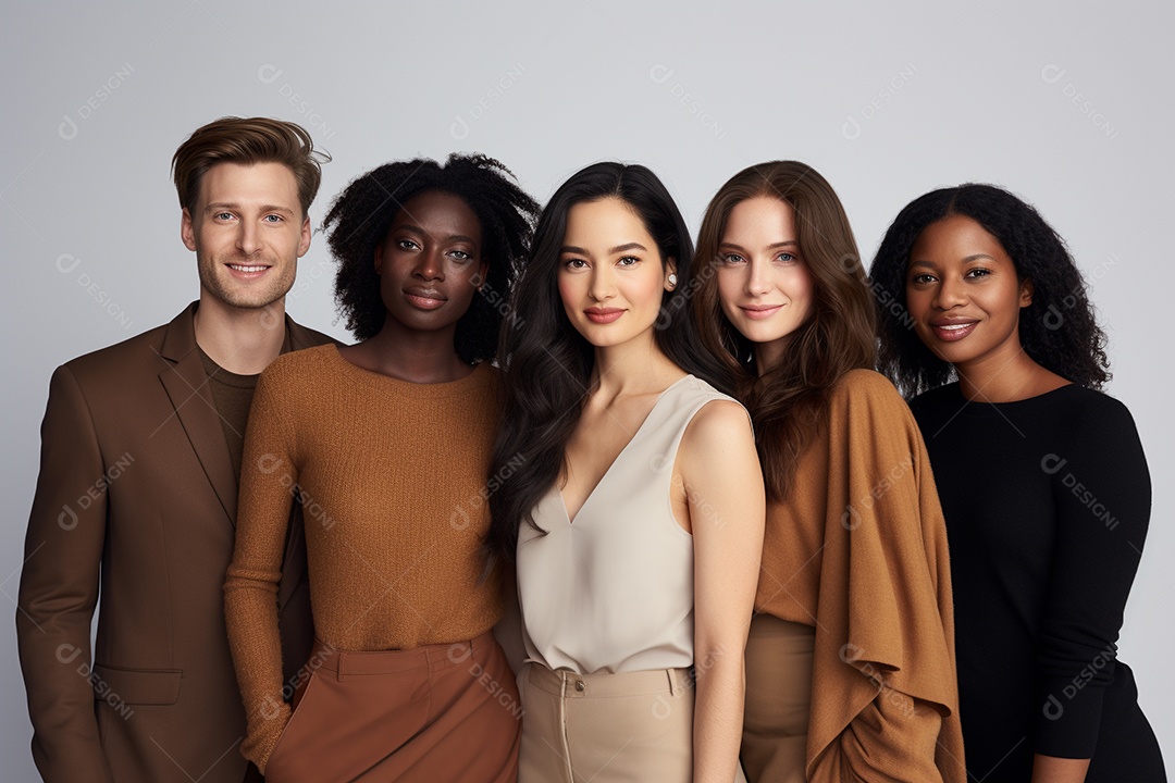 Diferentes raças posam alegremente lado a lado em frente a um fundo branco