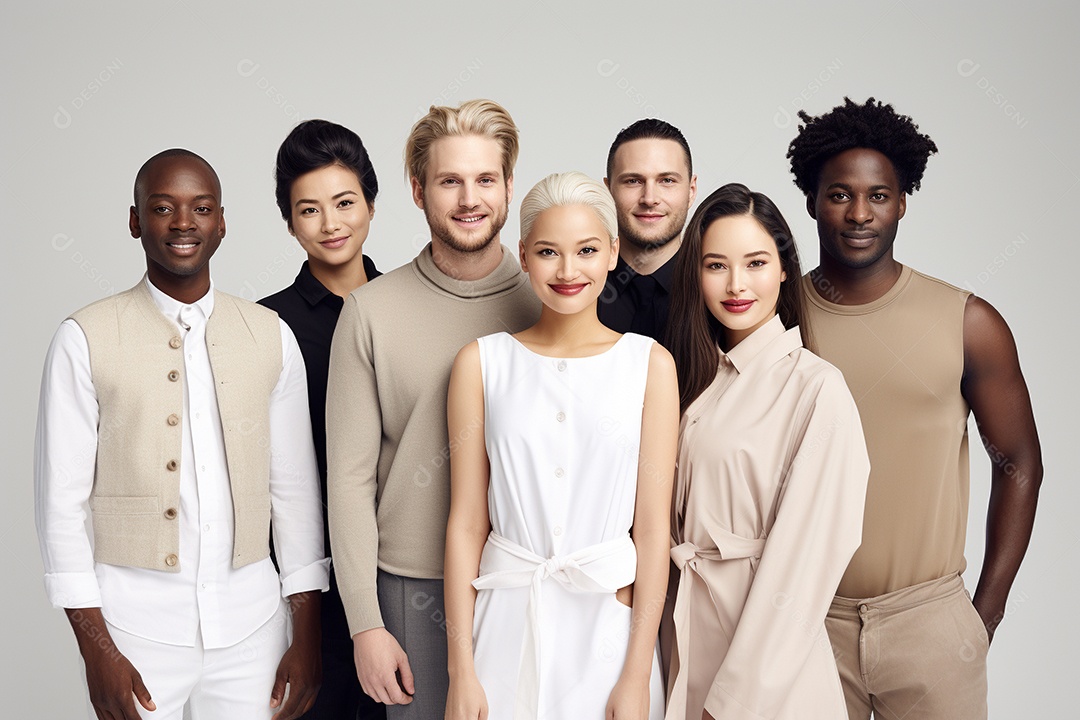 Diferentes raças posam alegremente lado a lado em frente a um fundo branco