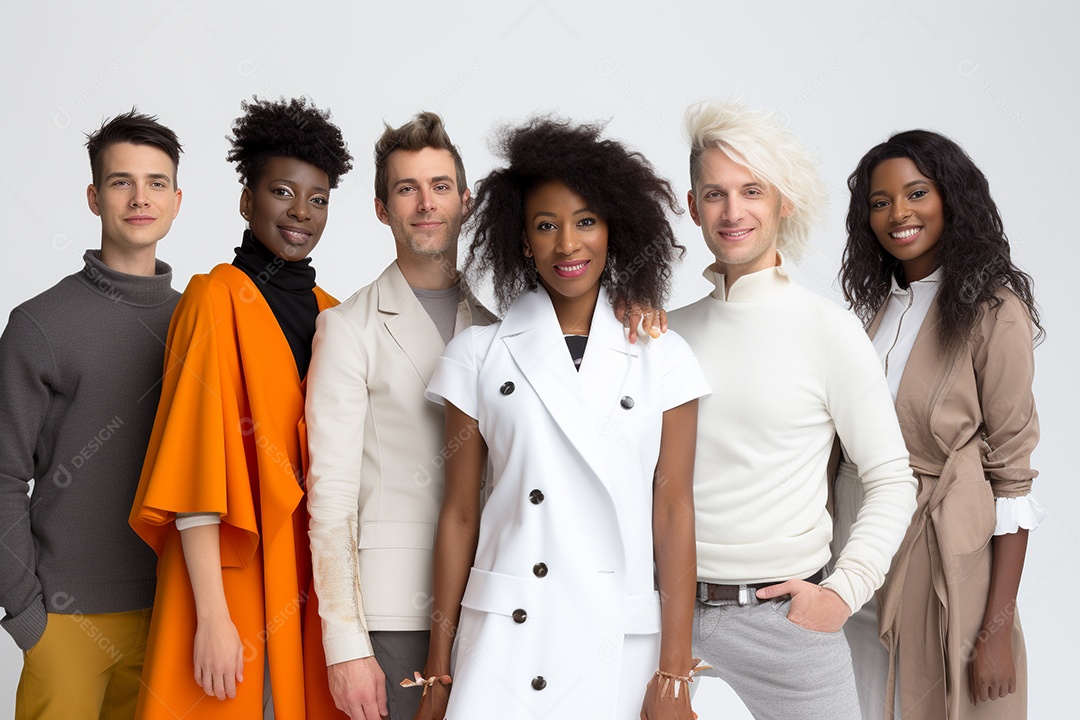 Diferentes raças posam alegremente lado a lado em frente a um fundo branco