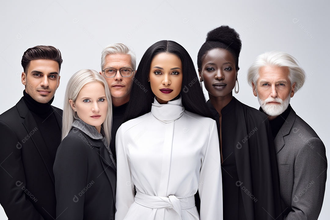 Diferentes raças posam alegremente lado a lado em frente a um fundo branco