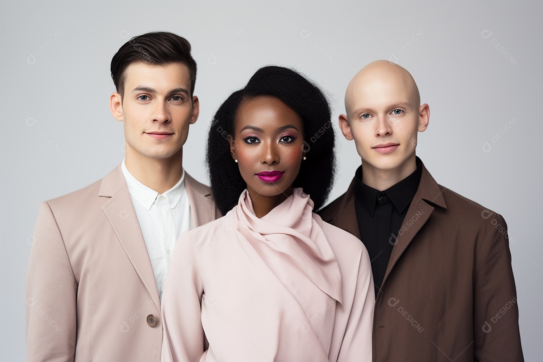 Diferentes raças posam alegremente lado a lado em frente a um fundo branco