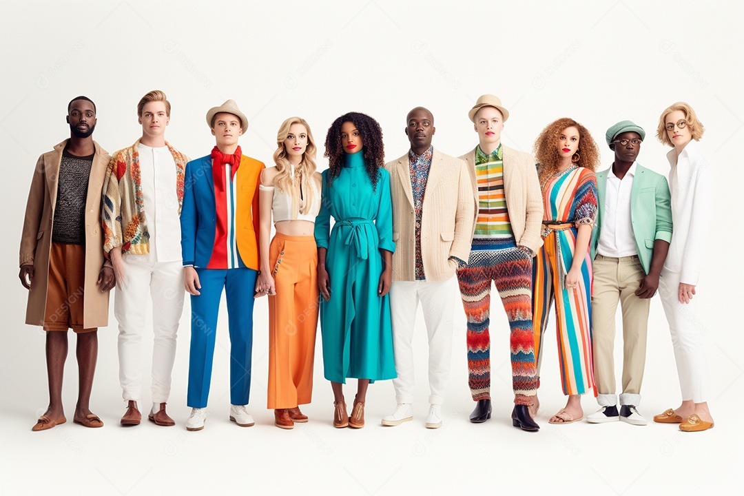 Diferentes raças posam alegremente lado a lado em frente a um fundo branco