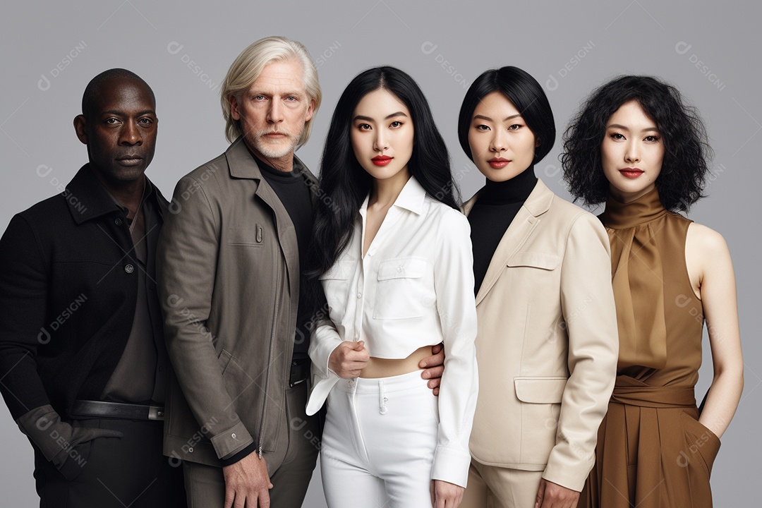 Diferentes raças posam alegremente lado a lado em frente a um fundo branco