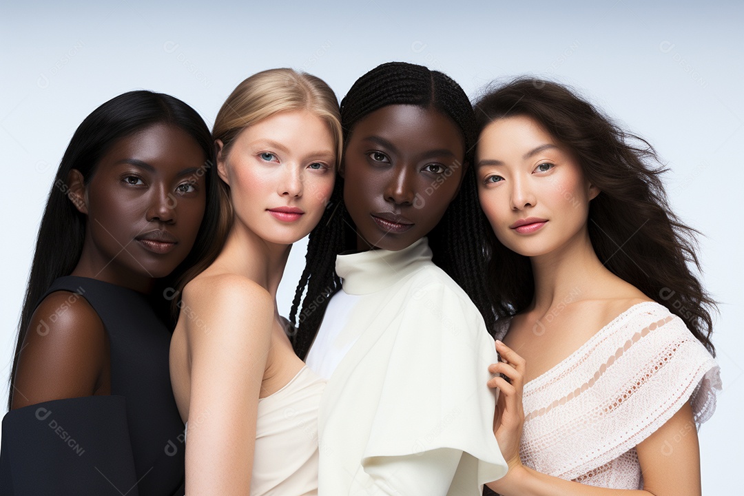 Diferentes raças posam alegremente lado a lado em frente a um fundo branco