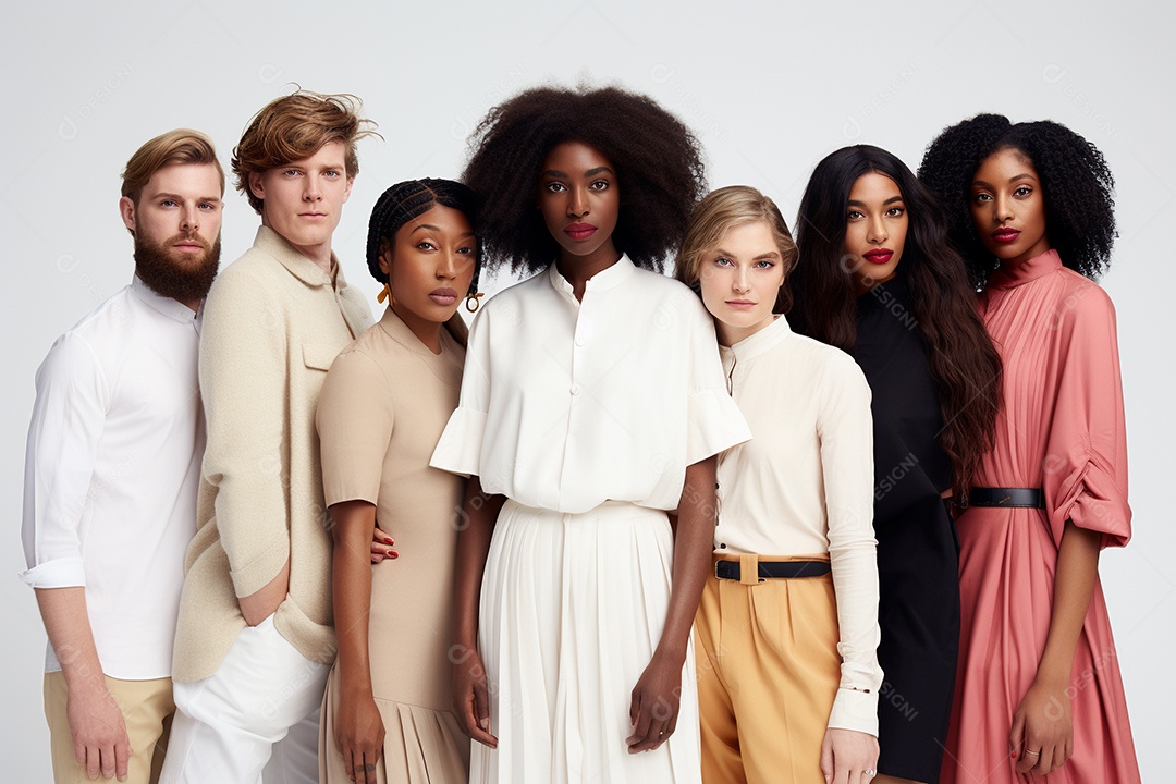 Diferentes raças posam alegremente lado a lado em frente a um fundo branco
