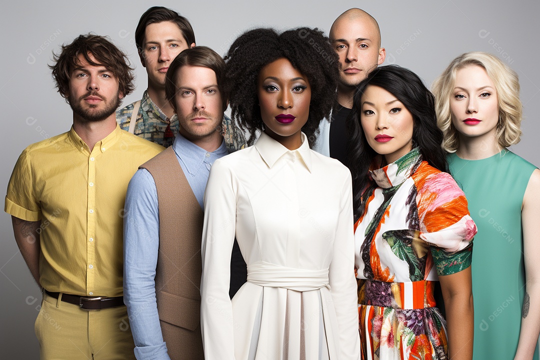 Diferentes raças posam alegremente lado a lado em frente a um fundo branco