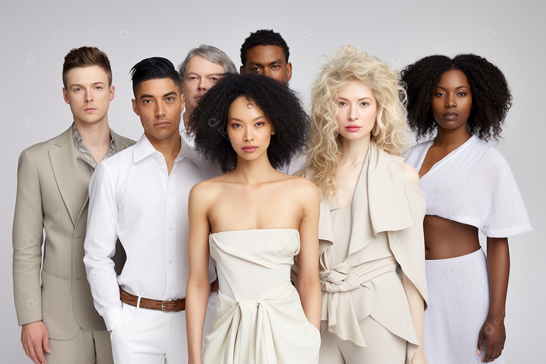 Diferentes raças posam alegremente lado a lado em frente a um fundo branco