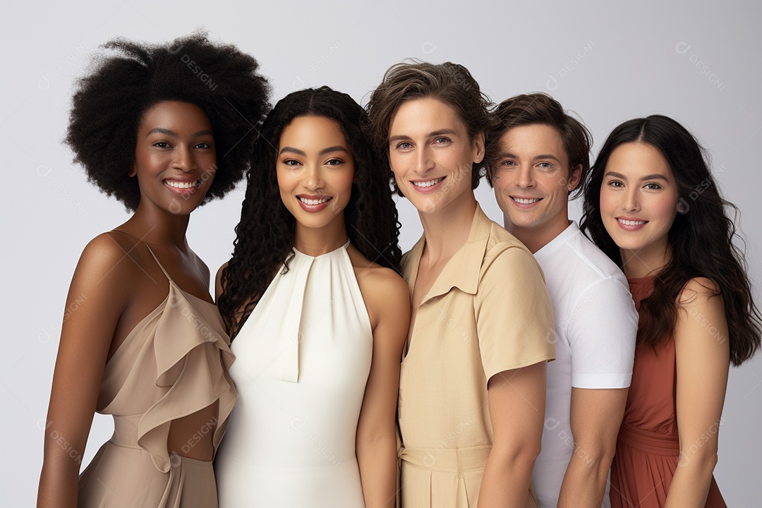 Diferentes raças posam alegremente lado a lado em frente a um fundo branco