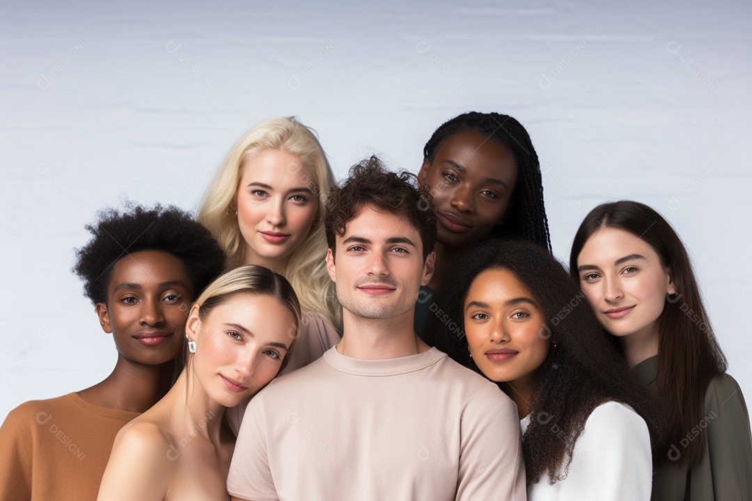 Diferentes raças posam alegremente lado a lado em frente a um fundo branco