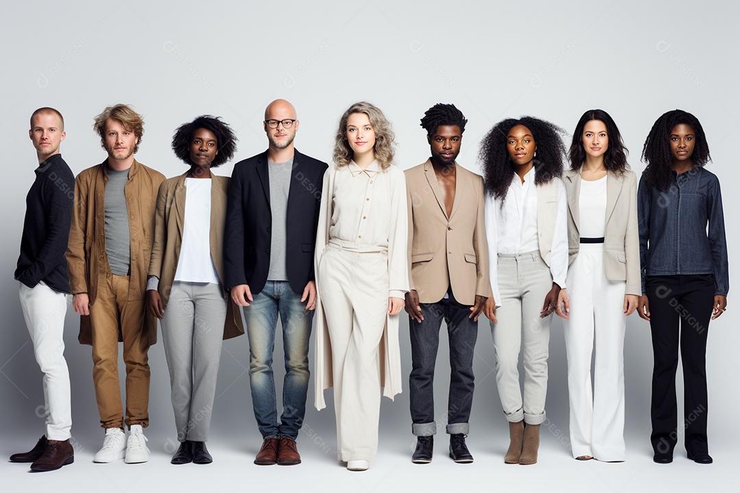 Diferentes raças posam alegremente lado a lado em frente a um fundo branco