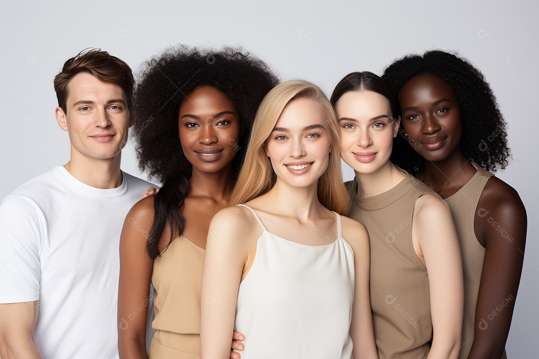 Diferentes raças posam alegremente lado a lado em frente a um fundo branco