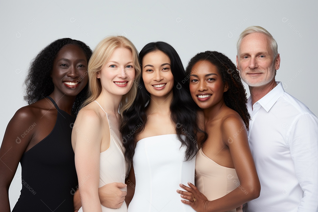 Diferentes raças posam alegremente lado a lado em frente a um fundo branco