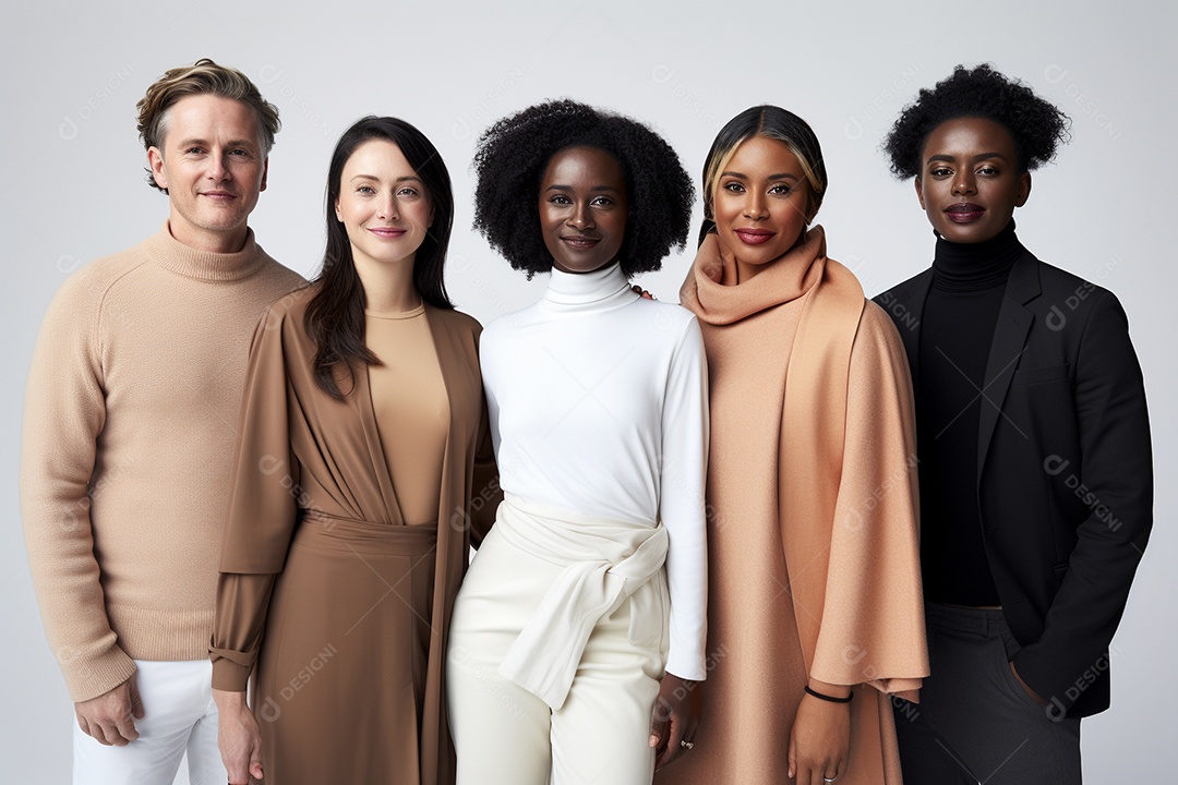 Diferentes raças posam alegremente lado a lado em frente a um fundo branco