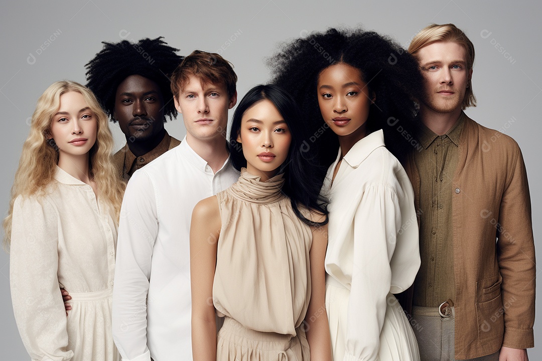 Diferentes raças posam alegremente lado a lado em frente a um fundo branco