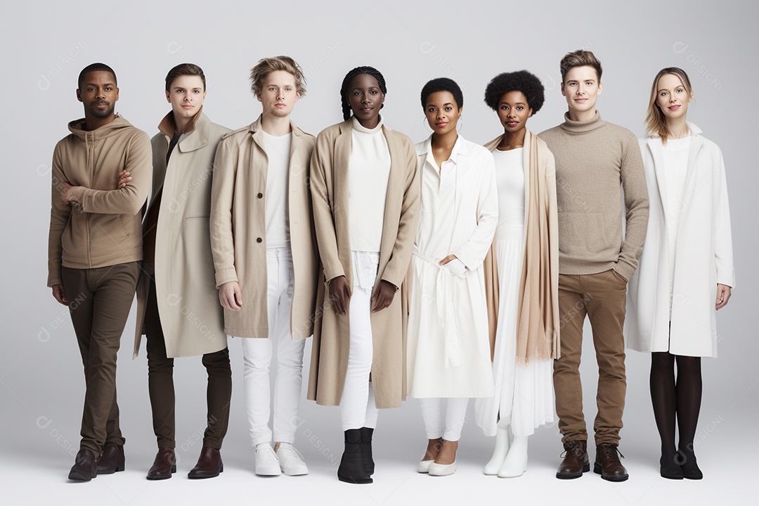 Diferentes raças posam alegremente lado a lado em frente a um fundo branco