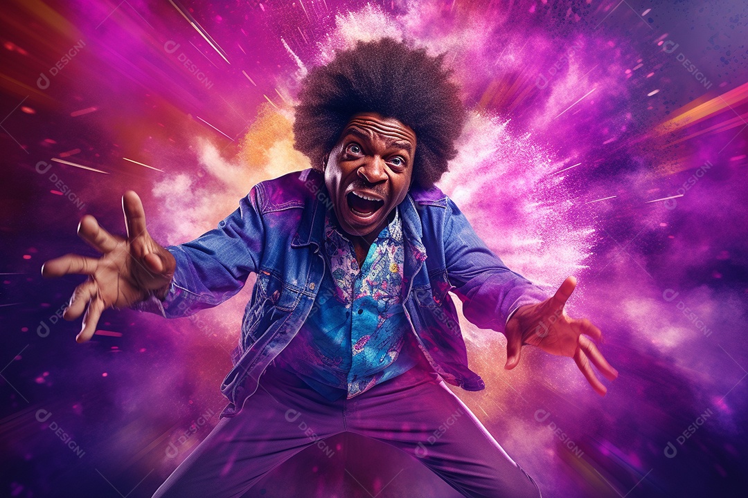 Homem jovem feliz cem uma balada sobre fundo desfocado