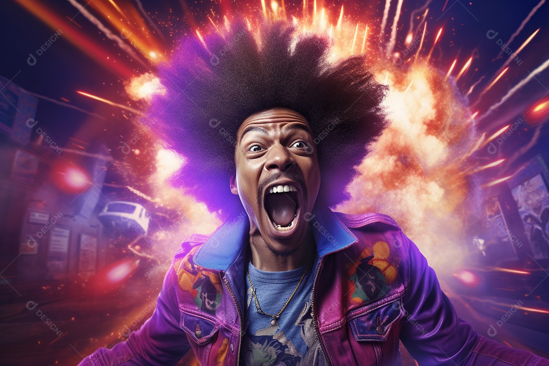 Homem jovem feliz cem uma balada sobre fundo desfocado