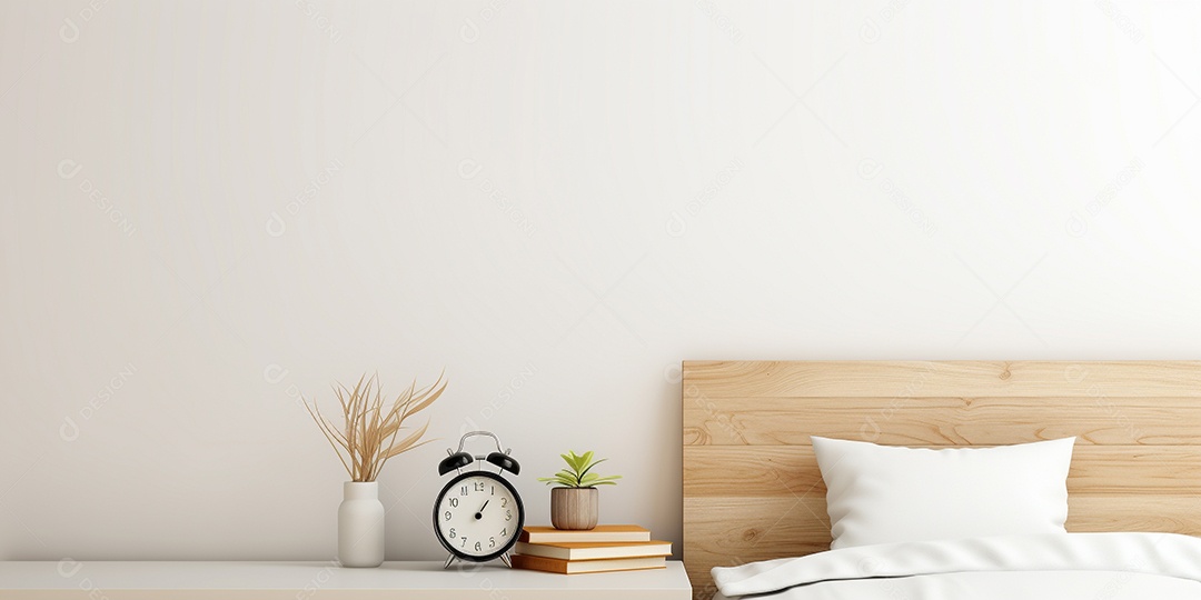 Desktop de madeira com despertador e bloco de notas em uma sala branca