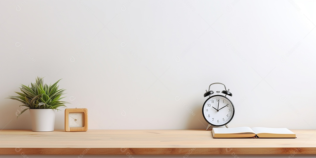 Desktop de madeira com despertador e bloco de notas em uma sala branca