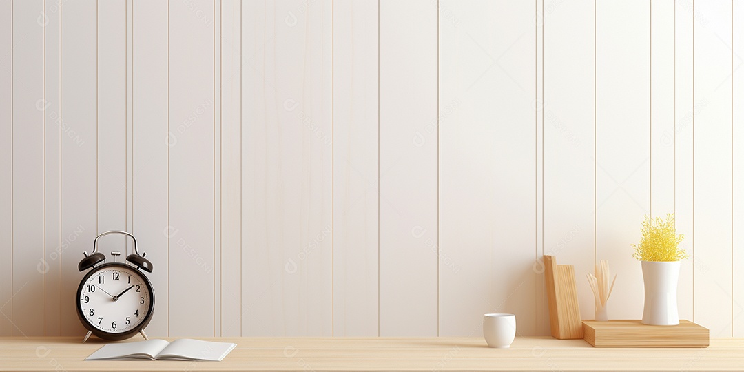 Desktop de madeira com despertador e bloco de notas em uma sala branca