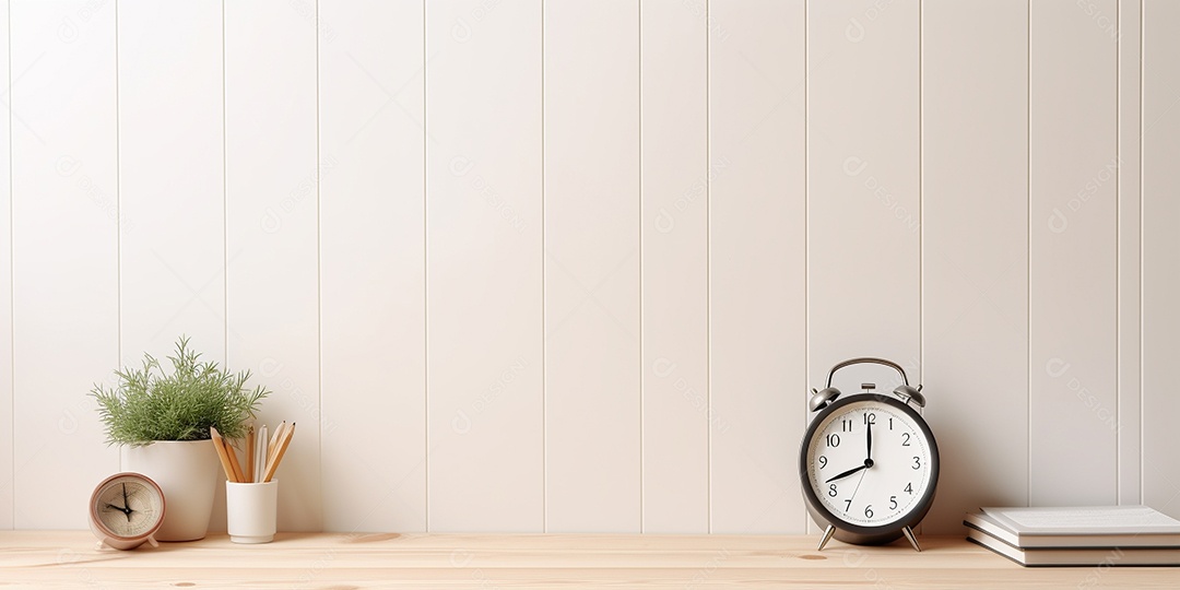 Desktop de madeira com despertador e bloco de notas em uma sala branca