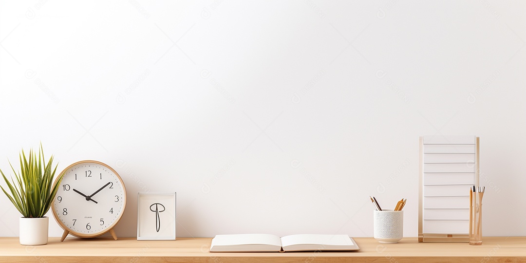 Desktop de madeira com despertador e bloco de notas em uma sala branca