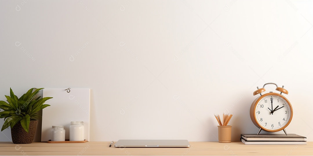Desktop de madeira com despertador e bloco de notas em uma sala branca