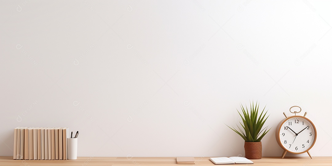 Desktop de madeira com despertador e bloco de notas em uma sala branca