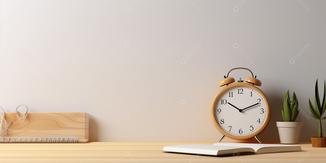 Desktop de madeira com despertador e bloco de notas em uma sala branca