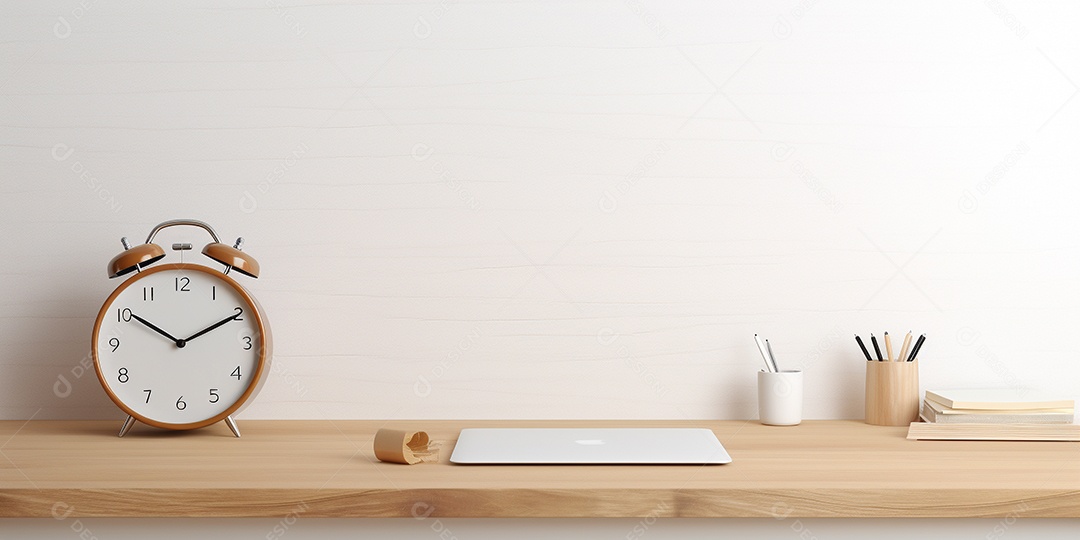 Desktop de madeira com despertador e bloco de notas em uma sala branca