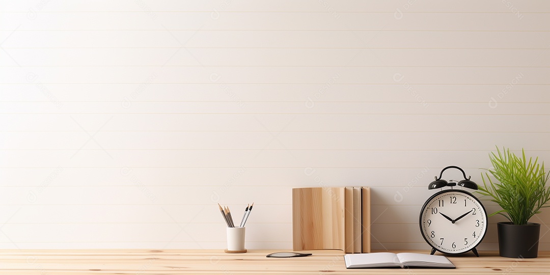 Desktop de madeira com despertador e bloco de notas em uma sala branca