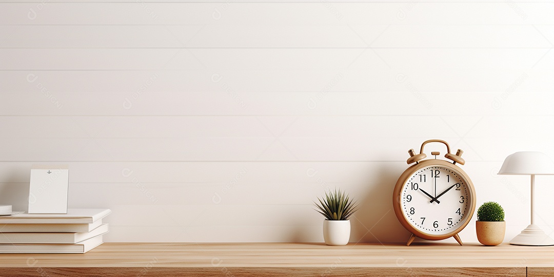 Desktop de madeira com despertador e bloco de notas em uma sala branca