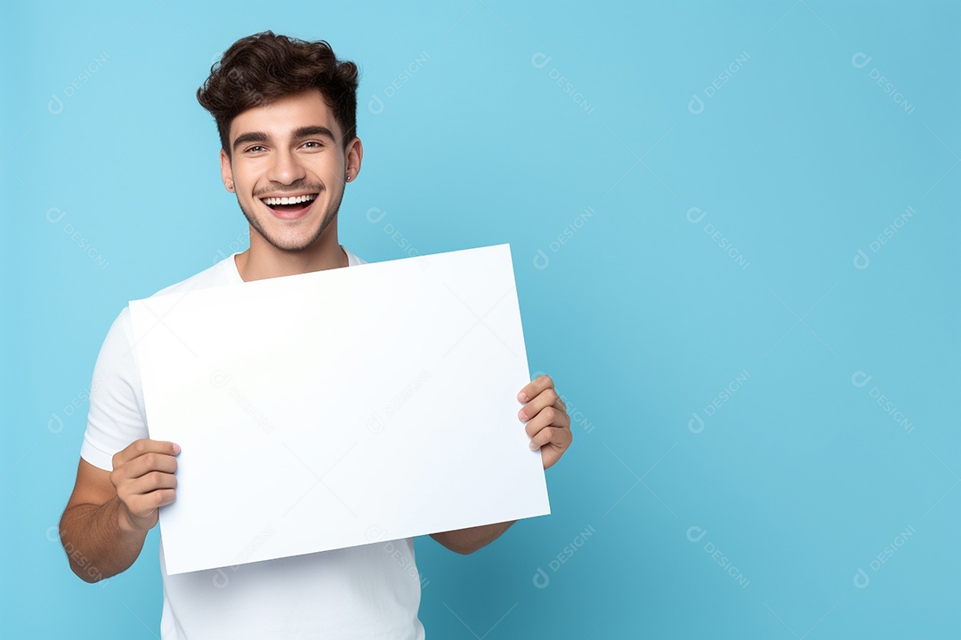 Jovem falando no ouvido enquanto segura um quadro branco em branco, sobre fundo amarelo feliz