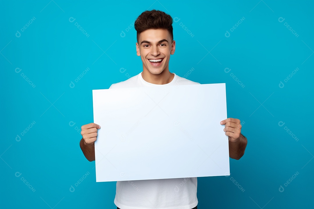 Jovem falando no ouvido enquanto segura um quadro branco em branco, sobre fundo amarelo feliz